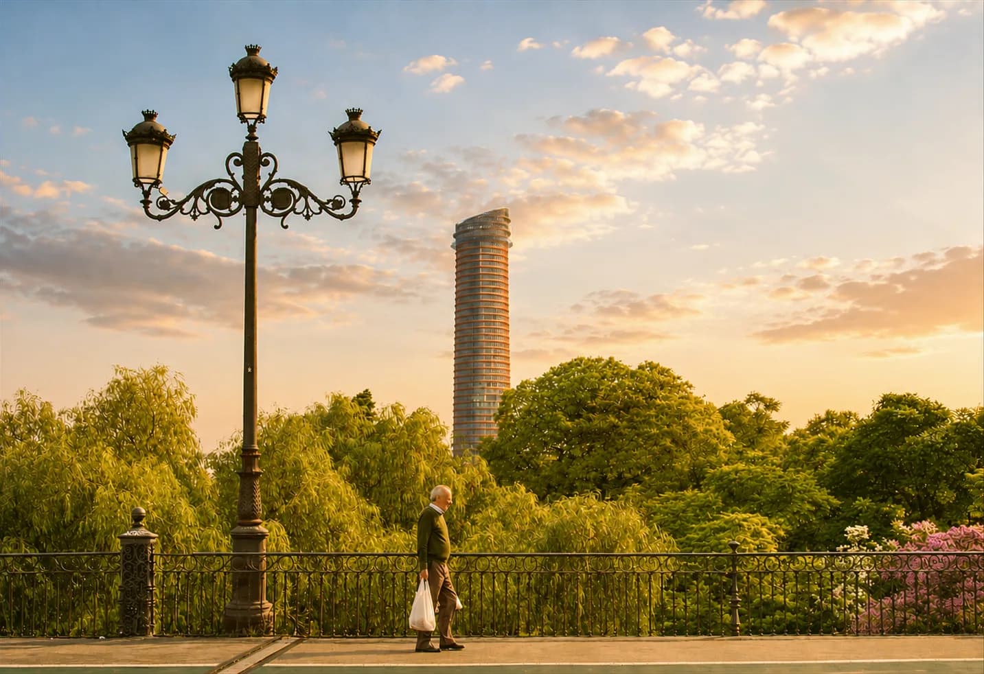 An evening walk beside the Guadalquivir in Seville at sunset, with the Torre Sevilla behind the trees